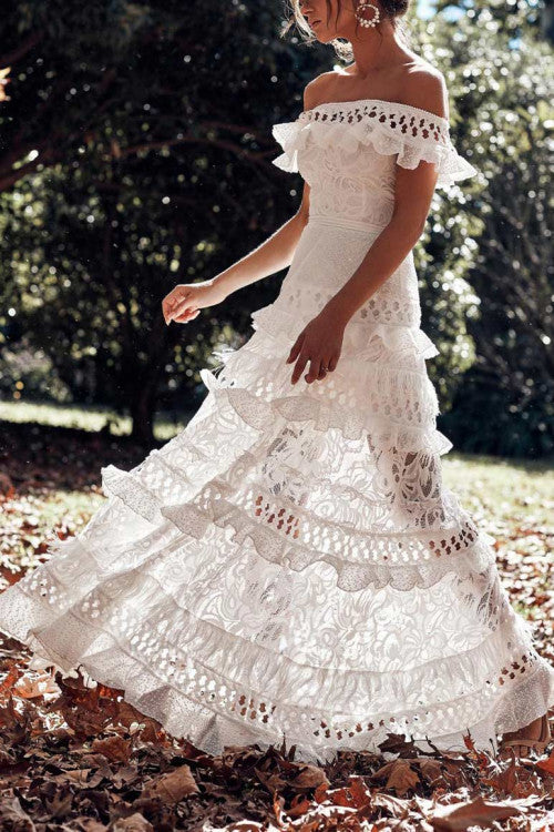 White Off Shoulder Lace Cutout Prom Dress - Fashionpara