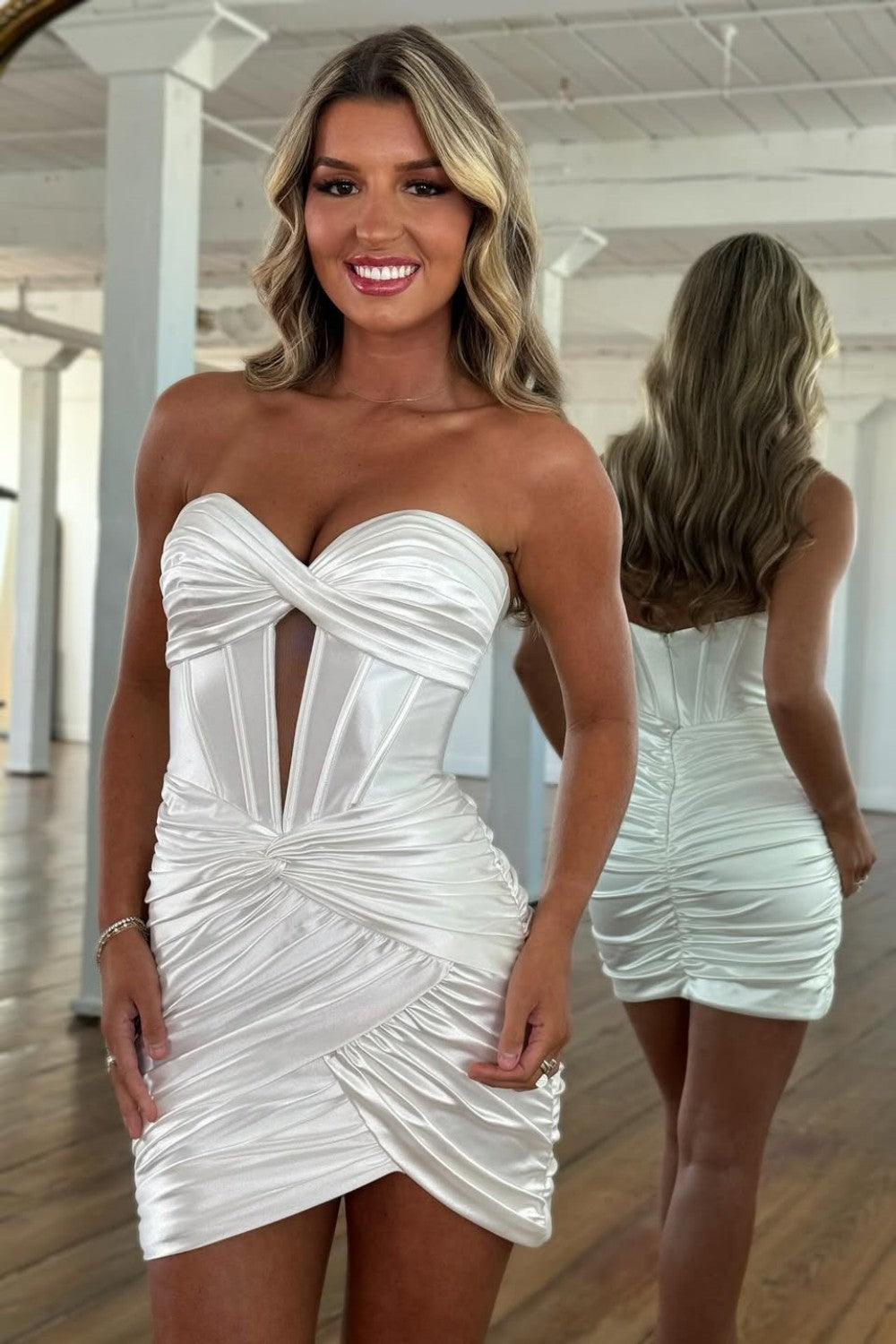 White Satin Ruched Sweetheart Tight Mini Homecoming Dress