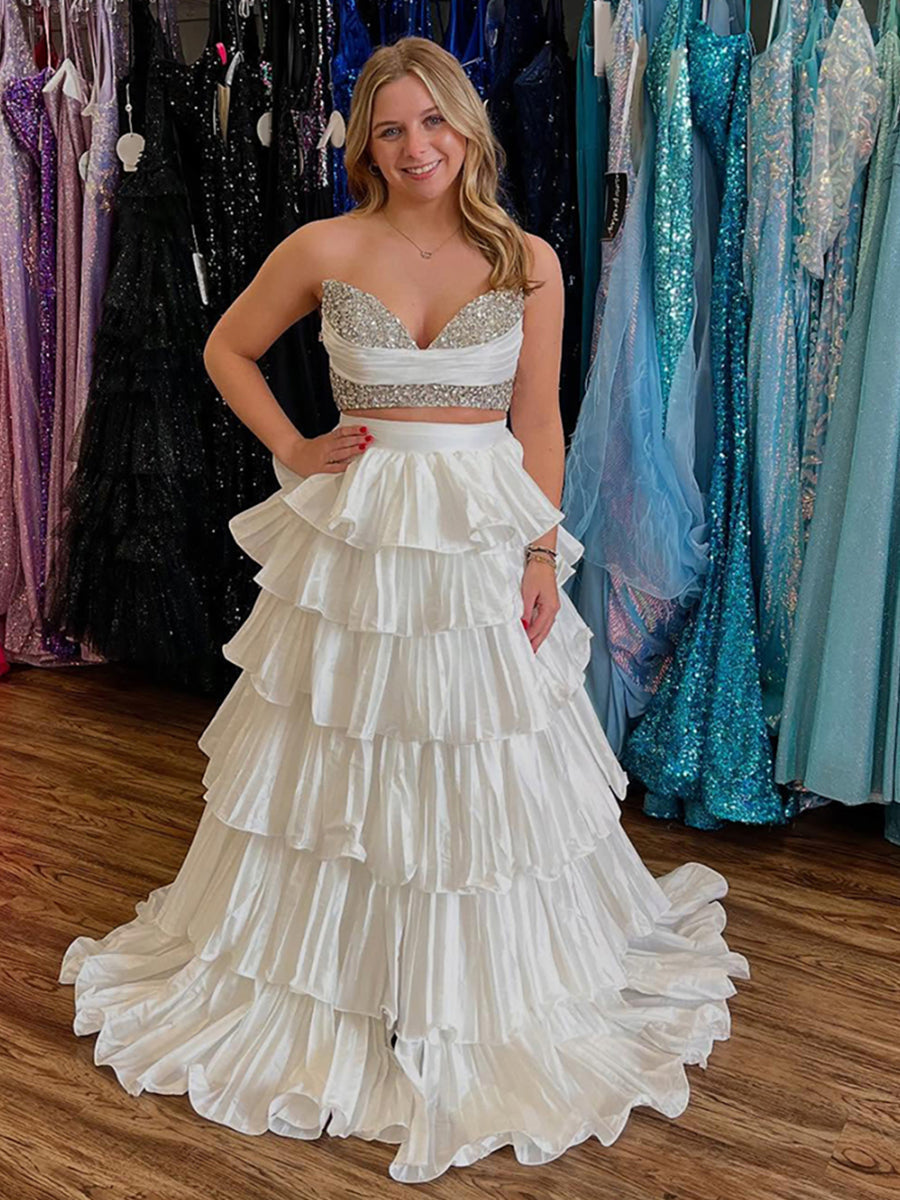 White Two-Piece Tiered Ruffle Prom Dress with Crystal Bodice - FashionDia