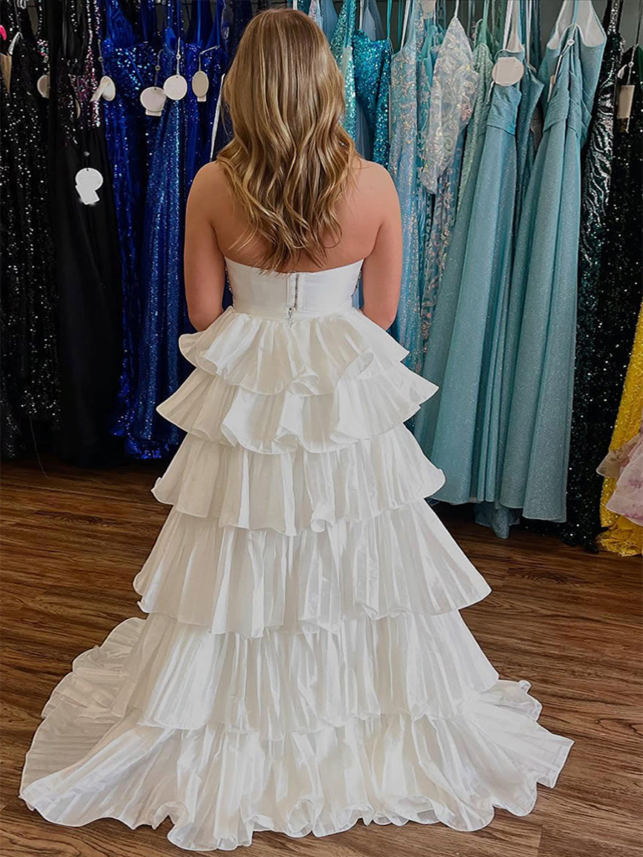 White Two-Piece Tiered Ruffle Prom Dress with Crystal Bodice - View 2 | FashionDia