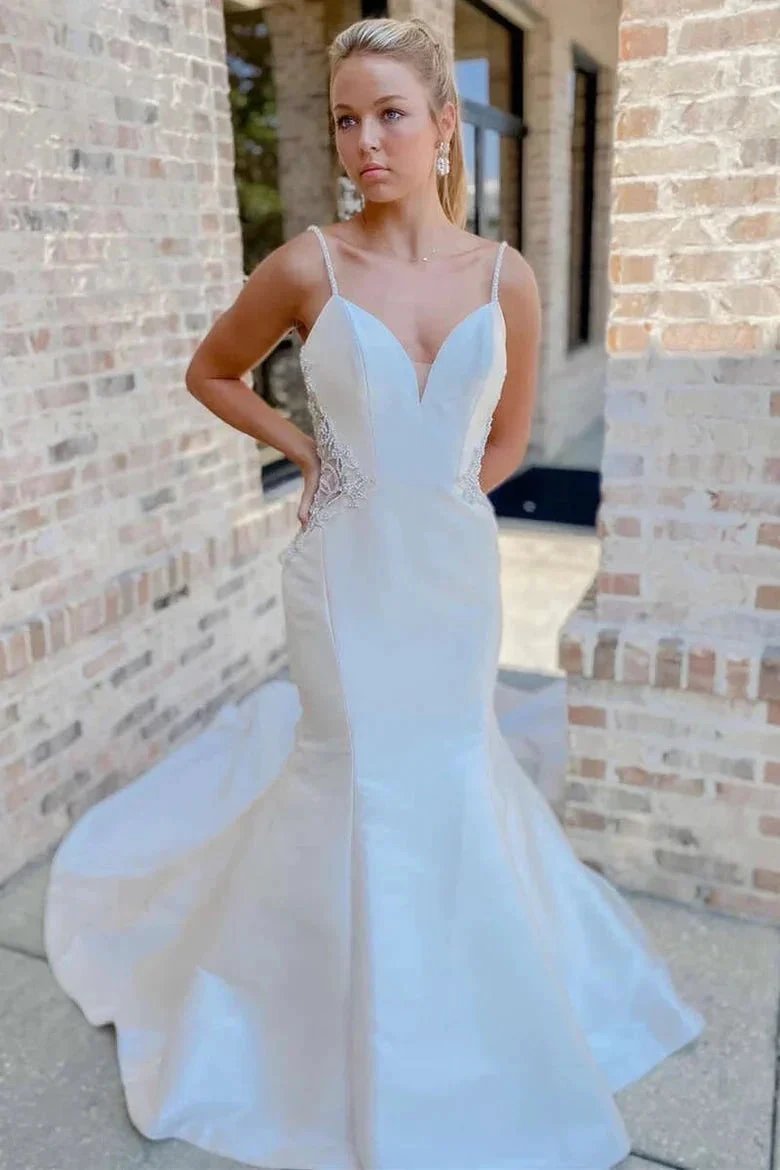 White V-Neck Beading Trumpet Long Wedding Dress Bridal Gown (ZD16161)