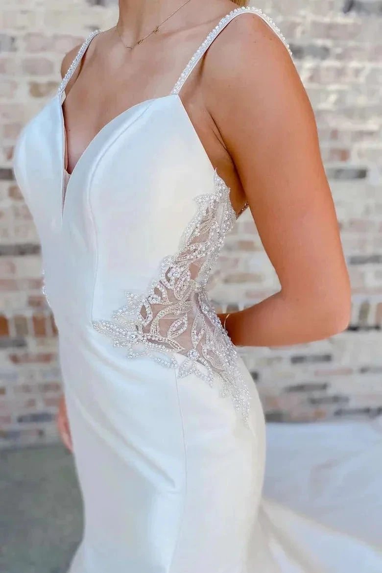 White V-Neck Beading Trumpet Long Wedding Dress Bridal Gown (ZD16161)