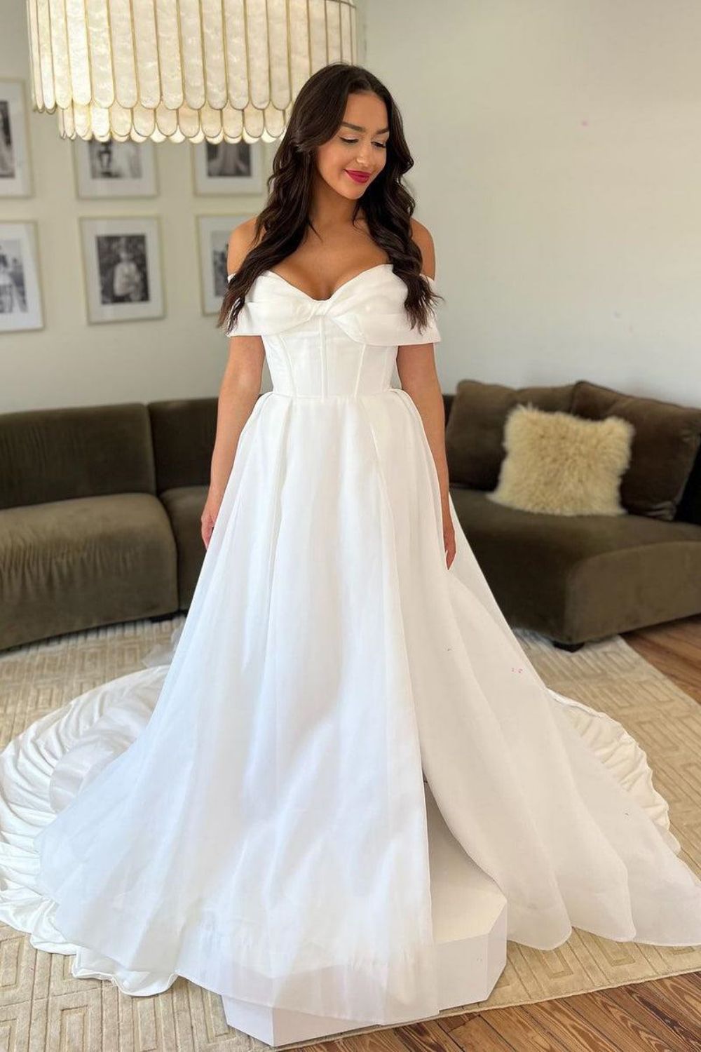 Elegant A Line Off the Shoulder White Wedding Dress with Bowknot - FashionDia