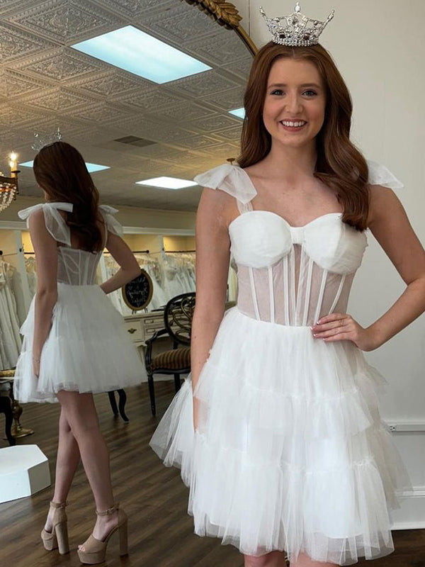 Sweetheart Bow Straps Tulle A-Line Tiered Short Homecoming Dress