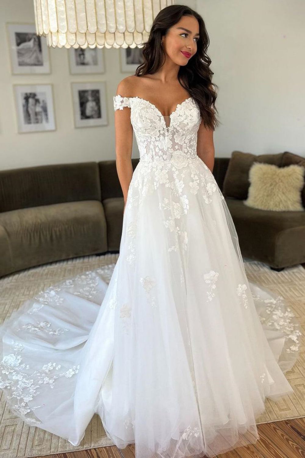 Charming A Line Off the Shoulder White Wedding Dress with Appliques - FashionDia