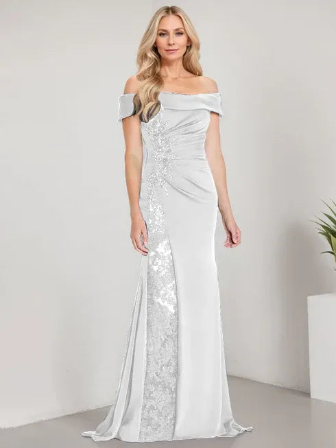 A-Line Off the Shoulder Floor-Length Mother of the Bride Dress Applique Beadings Mermaid Dress With High Split