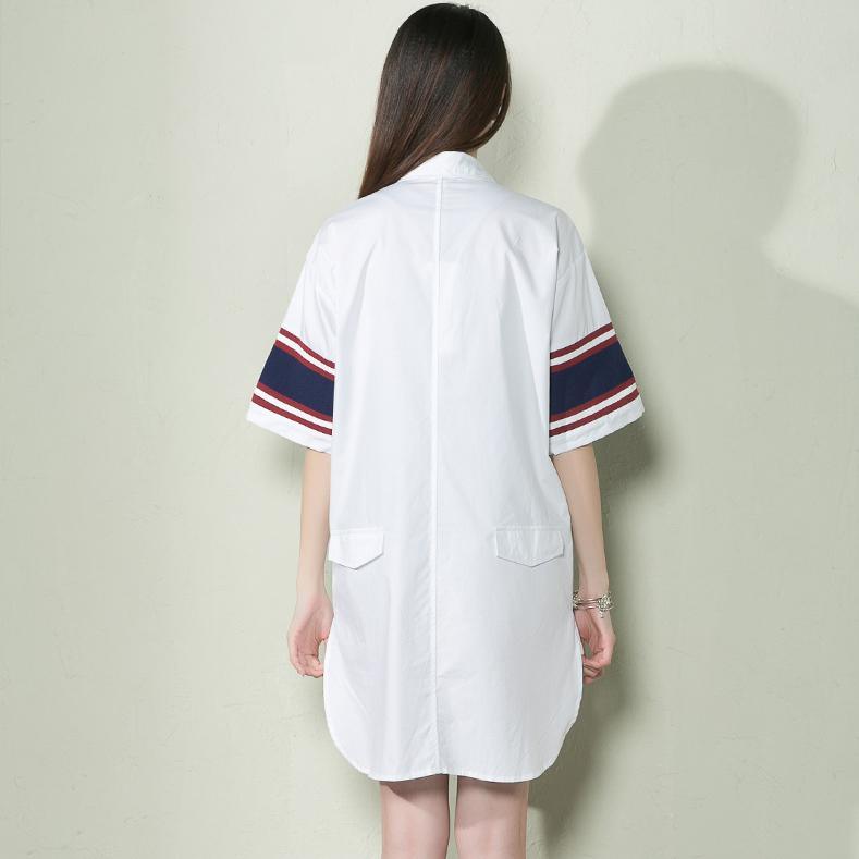 White cotton plus size shirt dress women sundress navy sleeves