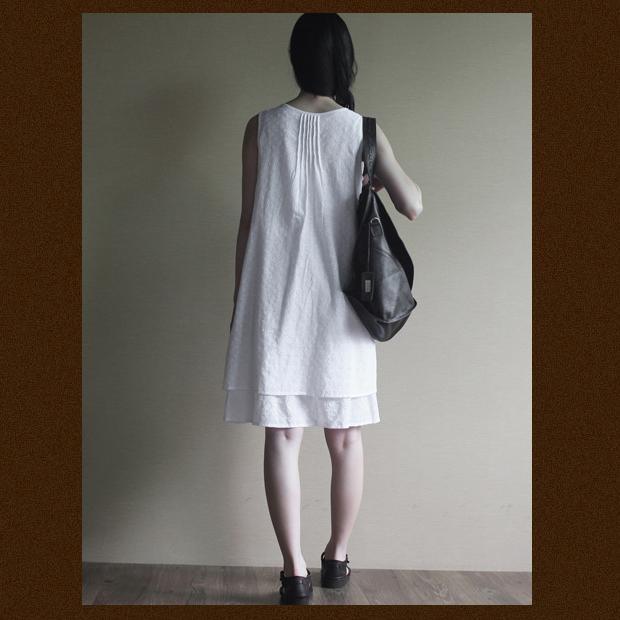 White layered cotton sundress sleeveless summer dress loose fitting