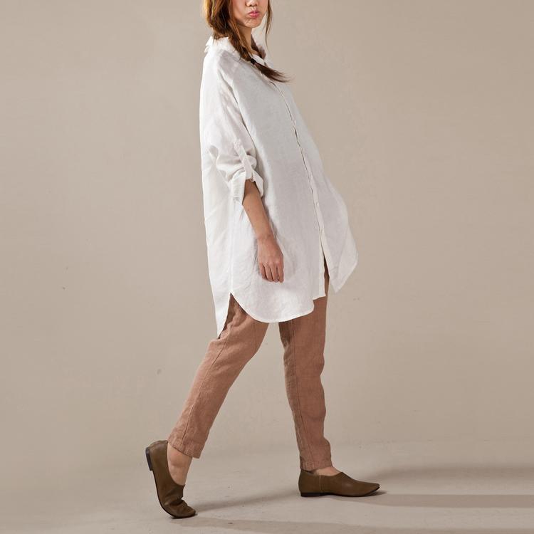 White linen shirts long sleeve oversize womens linen dresses plus size linen clothing buttons back