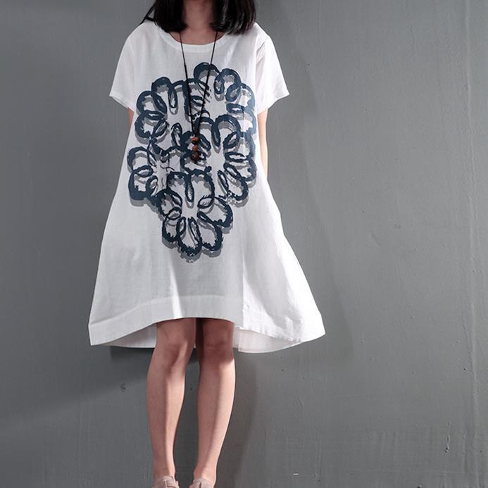 White plus size linen sundress short sleeve print summer dresses long blouse