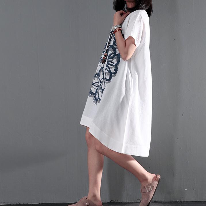 White plus size linen sundress short sleeve print summer dresses long blouse