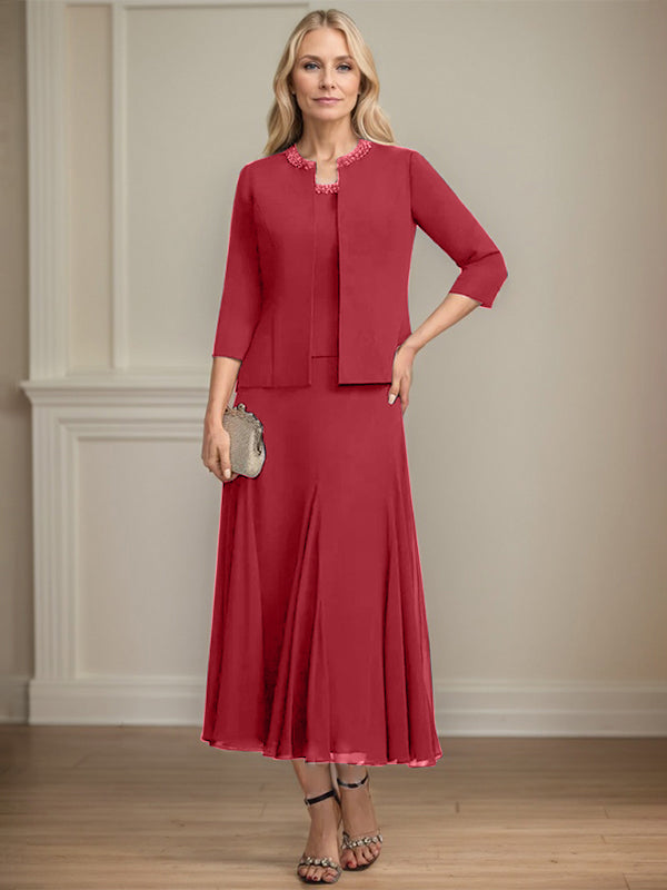 Separates A-line Scoop Tea-Length Chiffon Mother of the Bride Dress With Sequins Beading