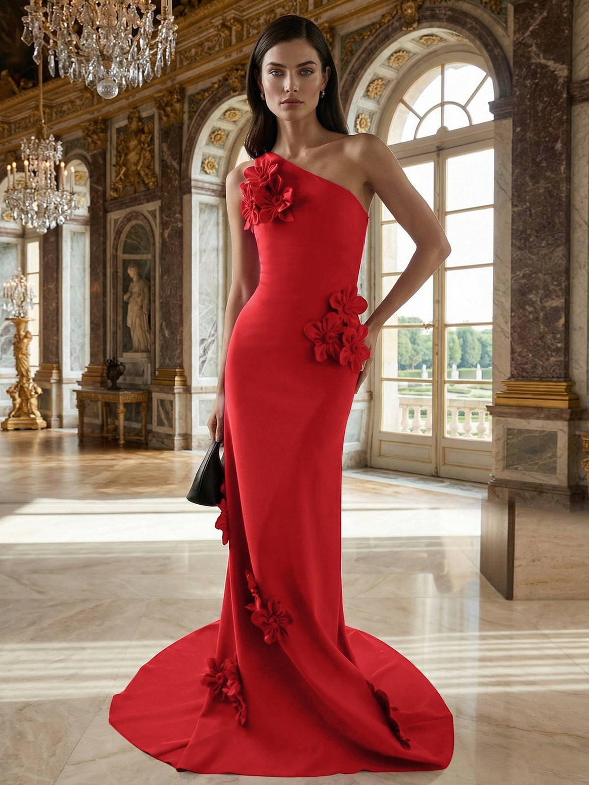 A-Line One-Shoulder Sleeveless Floor-Length Stretch Crepe Dress With 3D Flowers