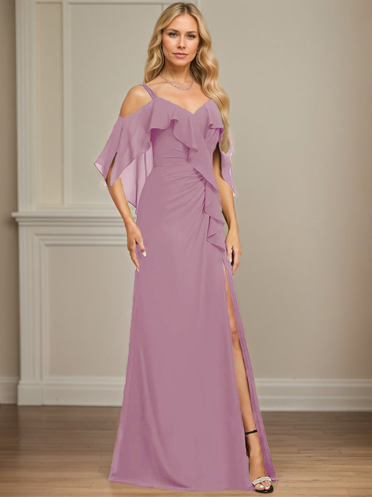 Sheath/Column Cold Shoulder V-Neck Floor-Length Chiffon Dress With Cascading Ruffles Sequins Beading