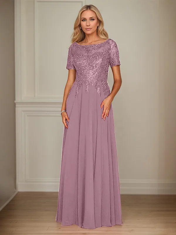 A-Line Chiffon Boat Neck Short Sleeves Floor-Length Mother of the Bride Dresses