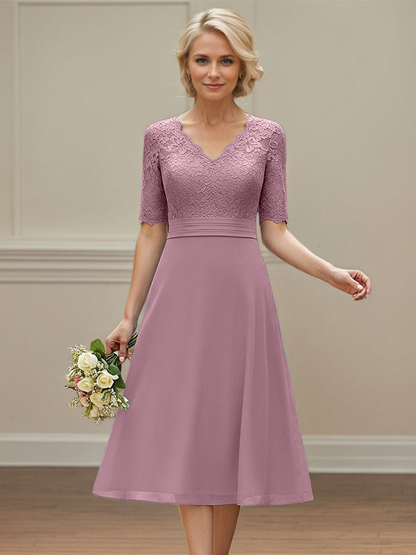 Wisteria A-line V-Neck Tea-Length Chiffon Lace Mother of the Bride Dress with Appliques - FashionDia