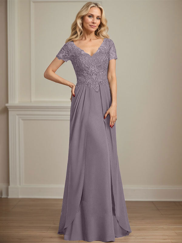 A-line V-Neck Floor-Length Chiffon Lace Mother of the Bride Dress - View 13 | FashionDia