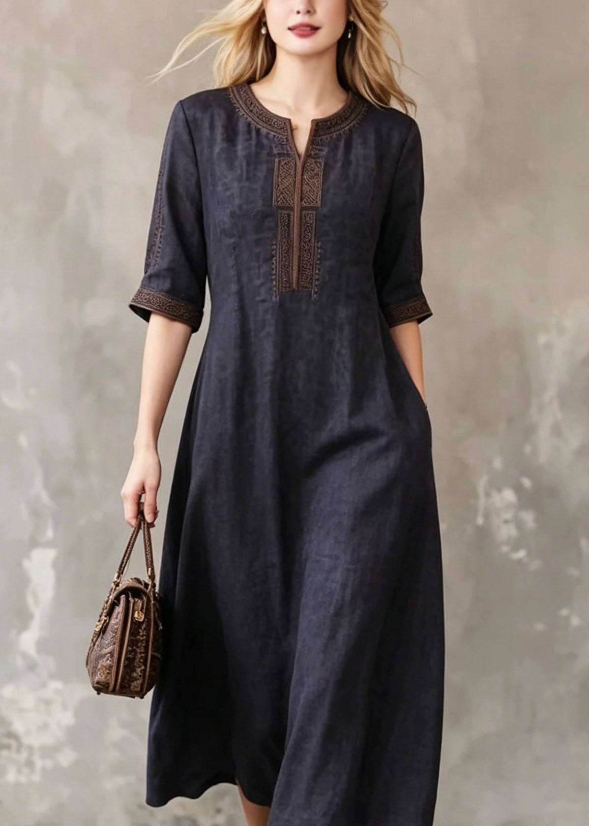 Women Black O-Neck Embroidered Silk Dress Summer