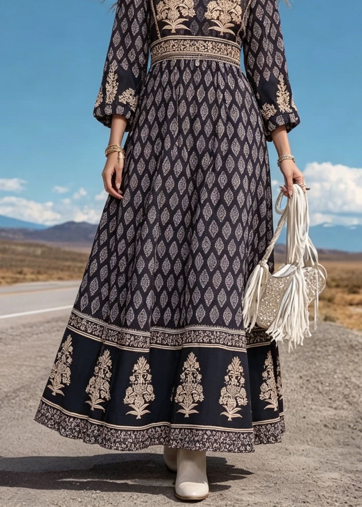 Women Black O Neck Print Cotton Long Dress Summer