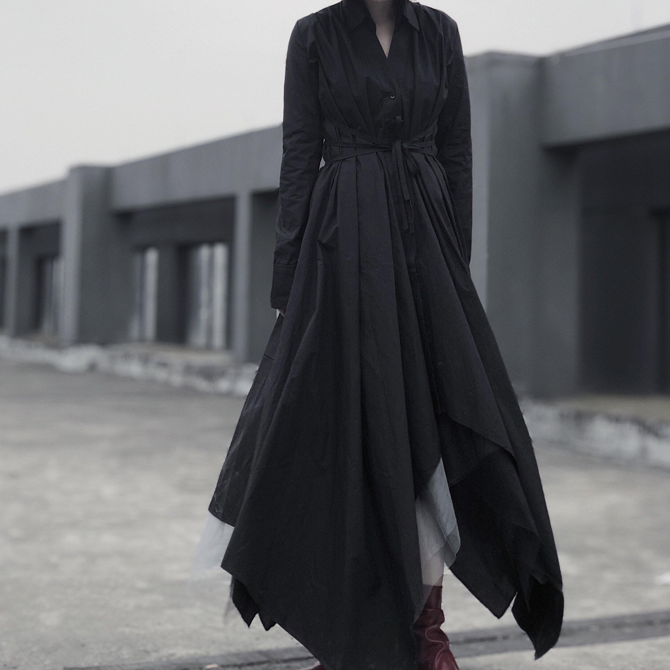 Women Black Tunic Pattern V Neck Asymmetric Robe Spring Dress