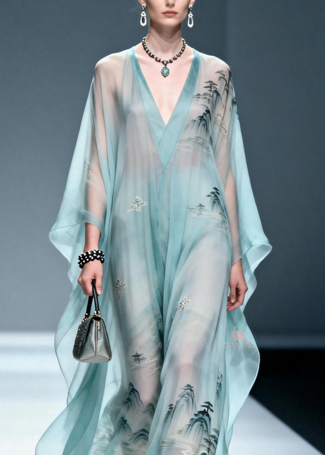 Women Blue V Neck Print Chiffon Long Dress Spring