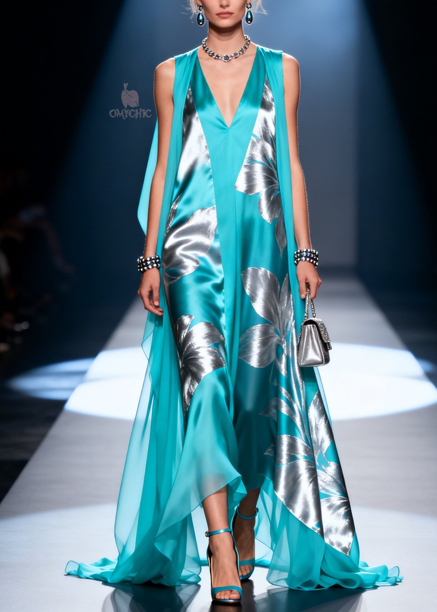 Women Blue V Neck Print Patchwork Chiffon Dresses Summer