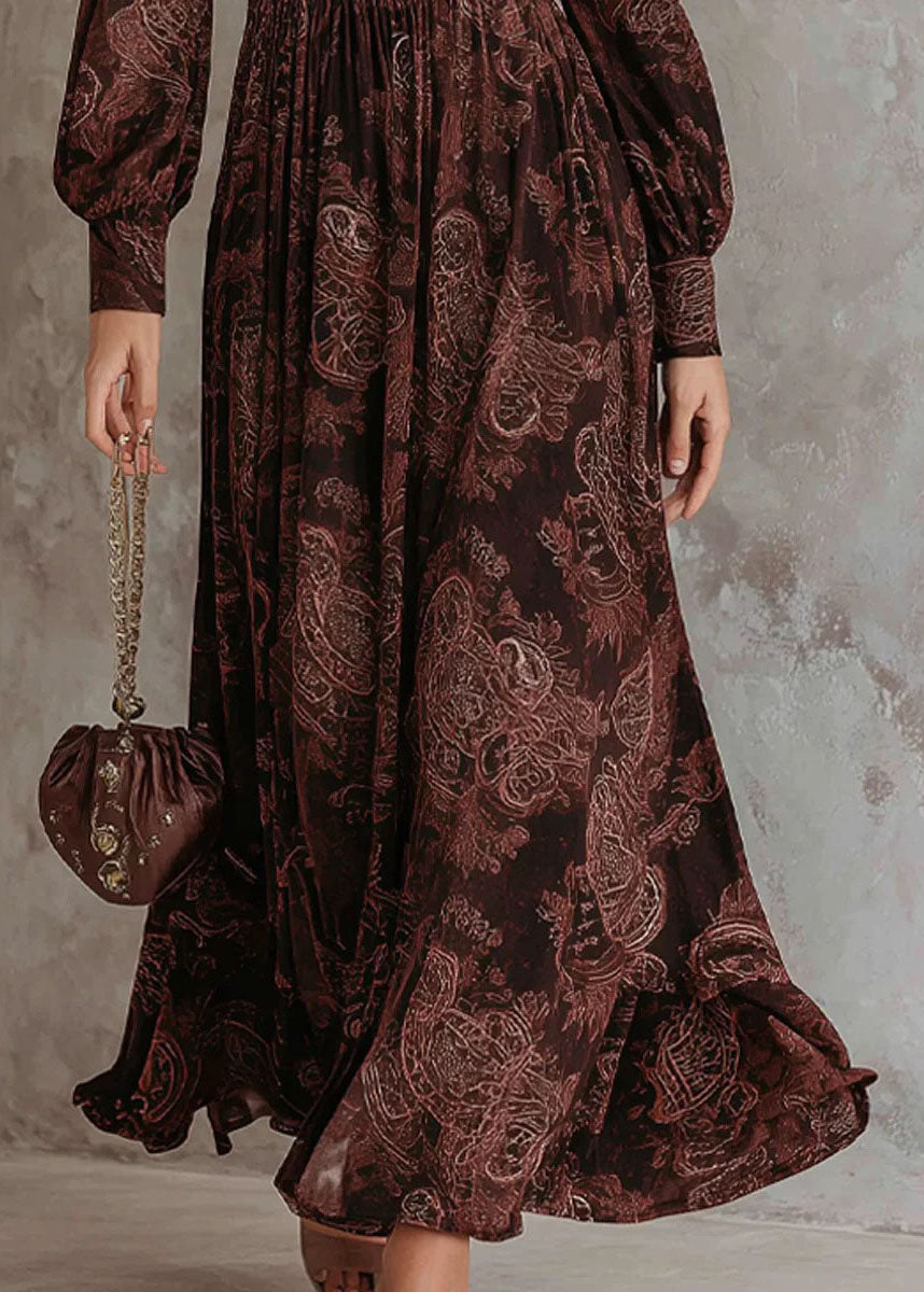Women Chocolate Zip Up Print Wrinkled Cotton Maxi Dresses Fall
