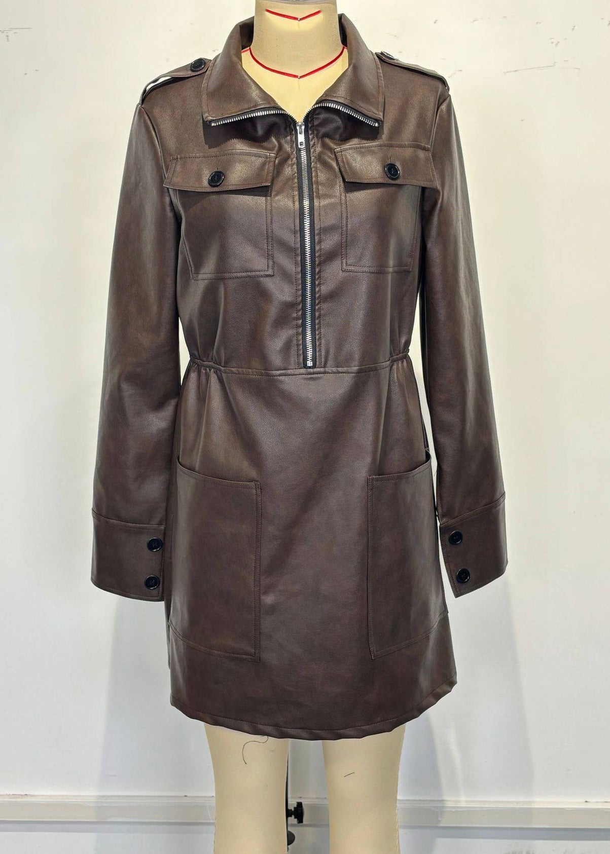 Women Coffee Peter Pan Collar Zippered Patchwork Faux Leather Mid Dress Spring