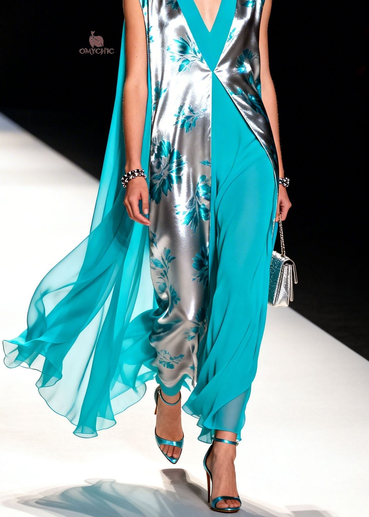 Women Colorblock V Neck Patchwork Chiffon Dress Summer