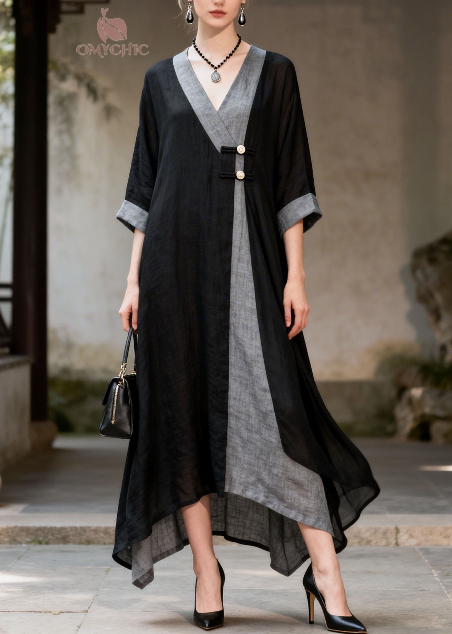 Women Colorblock V Neck Patchwork Cotton Long Dresses Summer
