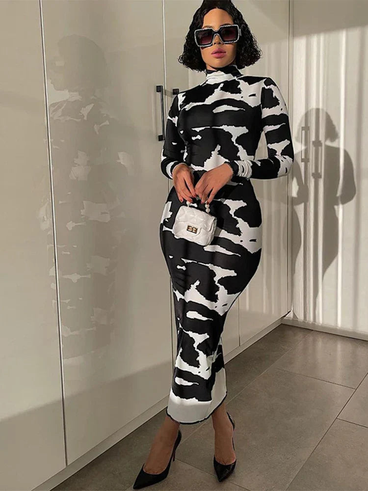 Printed Long Sleeve Pencil Midi Dress - VelvetHem