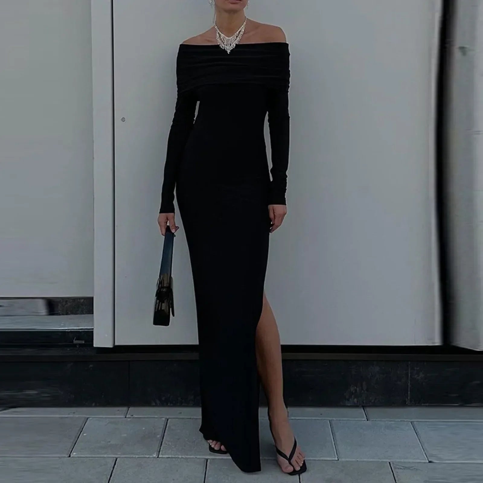 Stylish Boutique Off Shoulder Maxi Long Spring Fall Women Long Sleeve Solid Black High Slit Dress