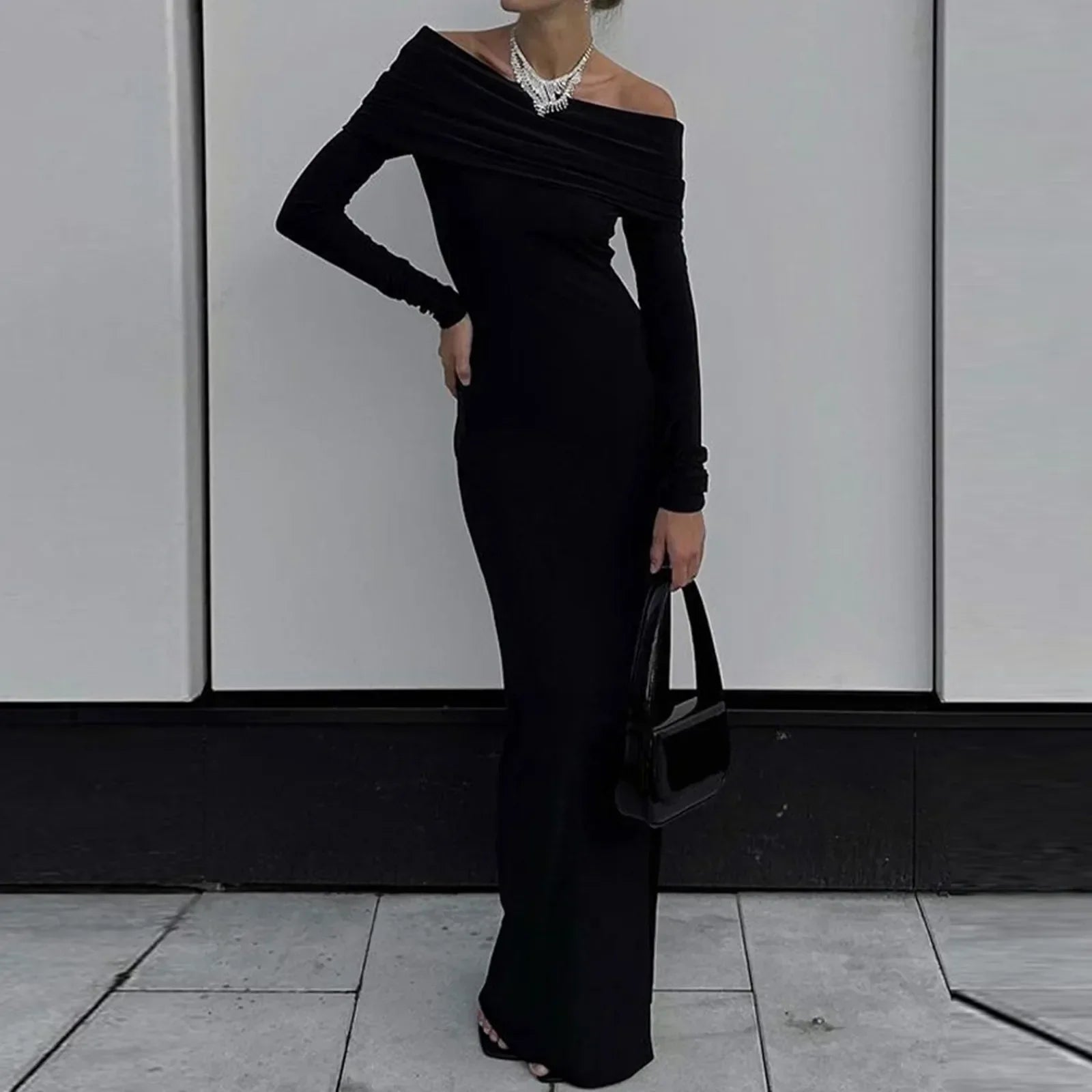Stylish Boutique Off Shoulder Maxi Long Spring Fall Women Long Sleeve Solid Black High Slit Dress