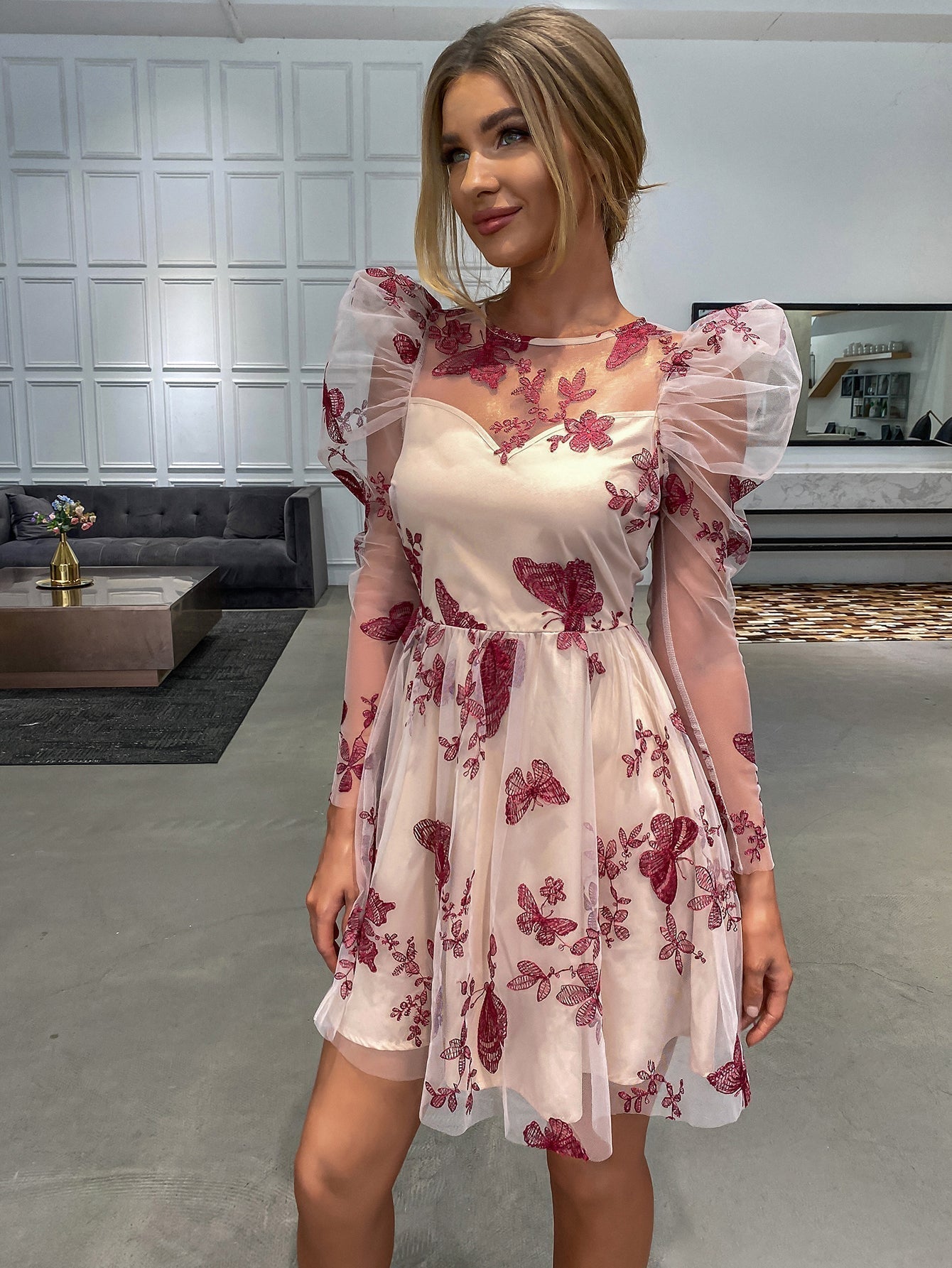 Women Fashion See Through sexy butterfly dot embroidery lace dress short skirt Gigot sleeve dress