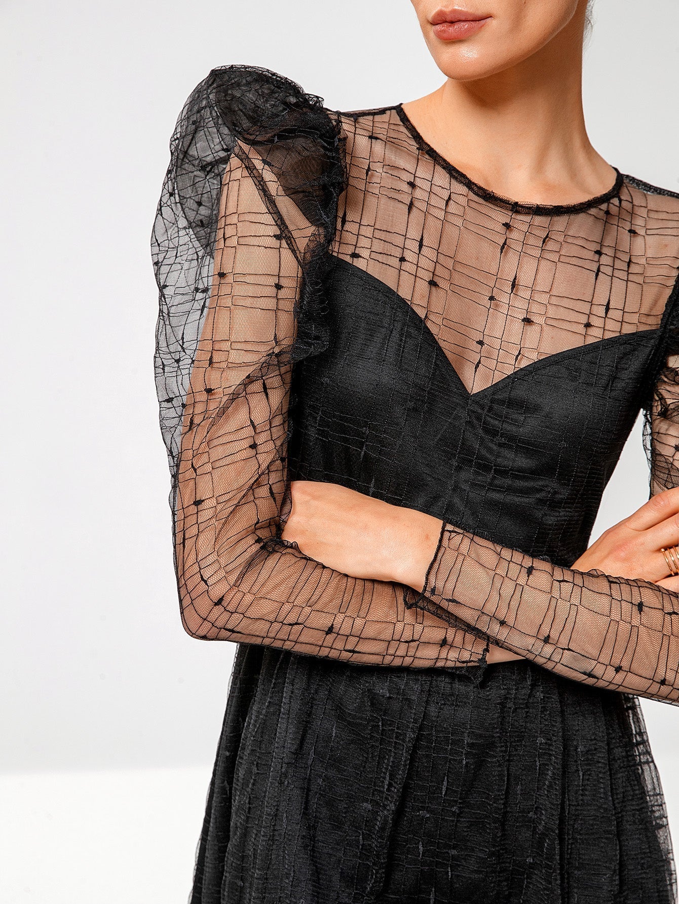 Women Fashion See Through sexy butterfly dot embroidery lace dress short skirt Gigot sleeve dress