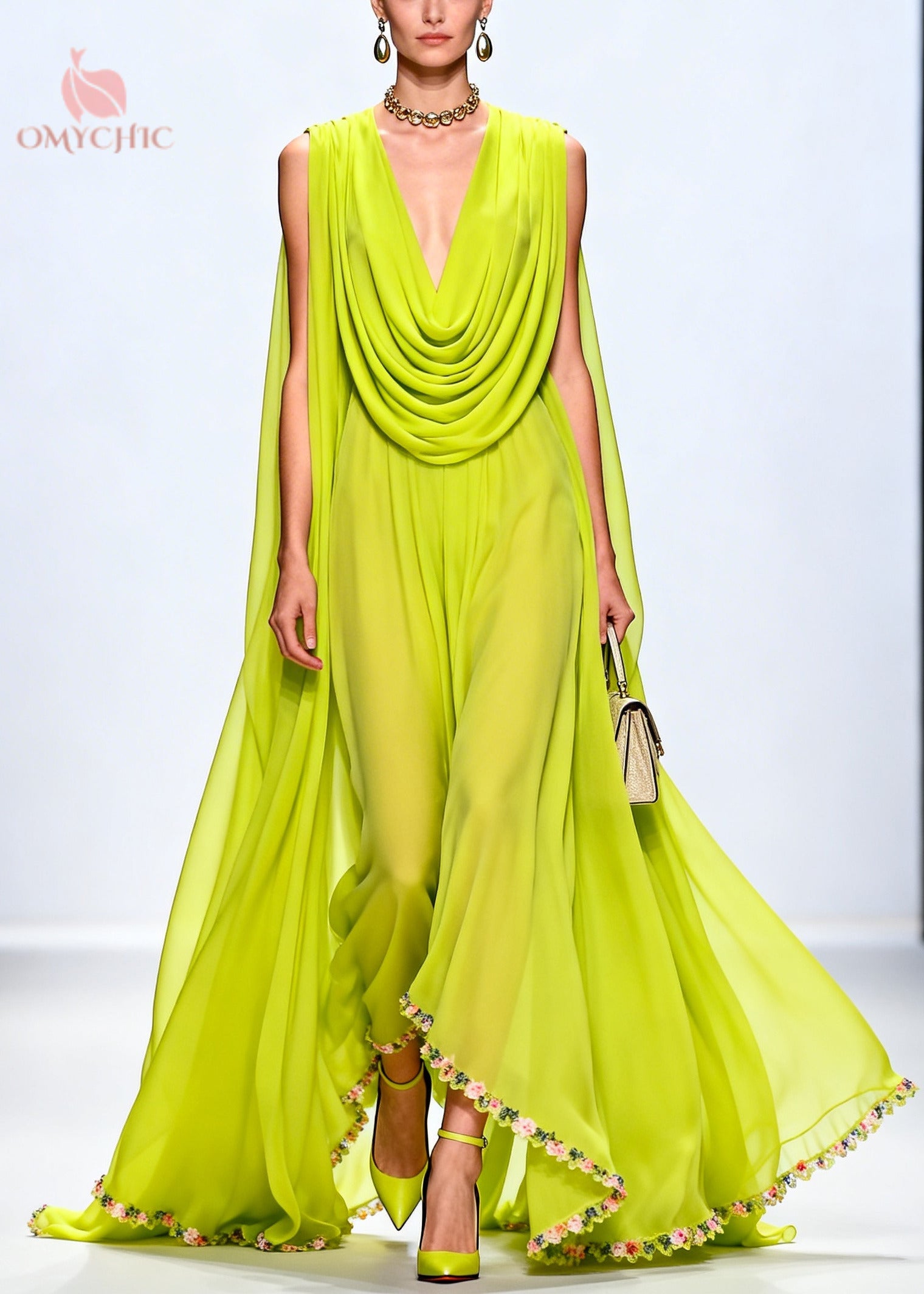 Women Fluorescent Green Turtle Neck Exra Large Hem Chiffon Party Dress Sleeveless
