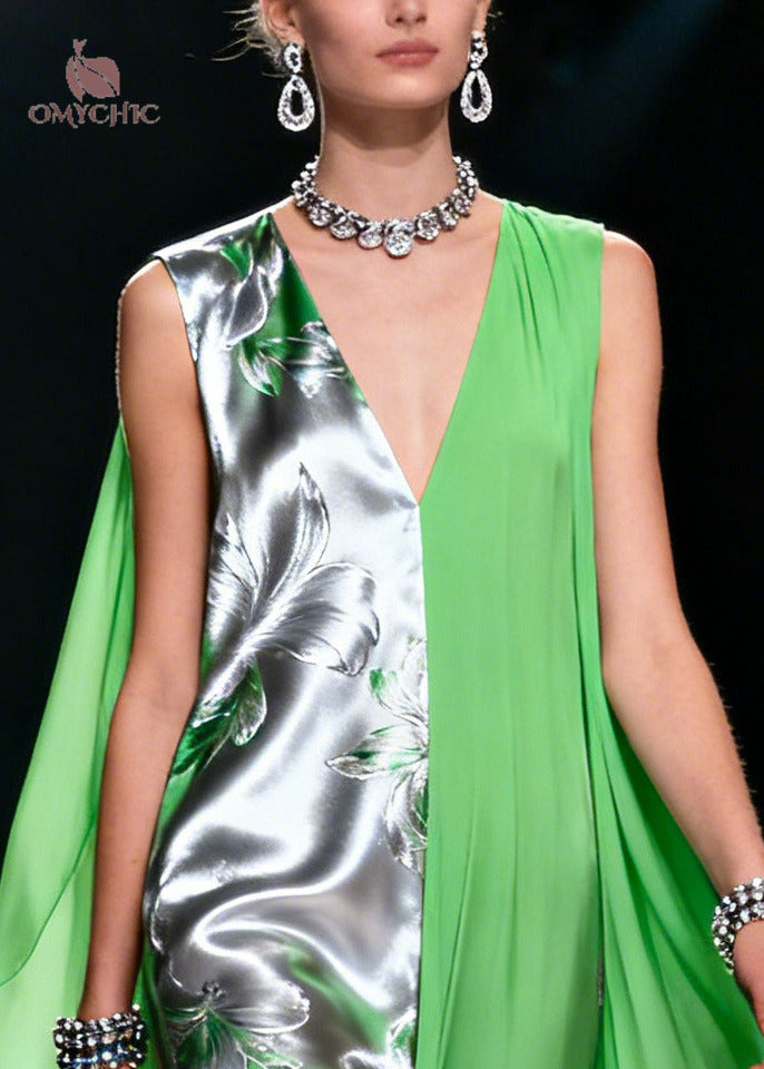 Women Grass Green Oversized Patchwork Jacquard Chiffon Holiday Dresses Summer