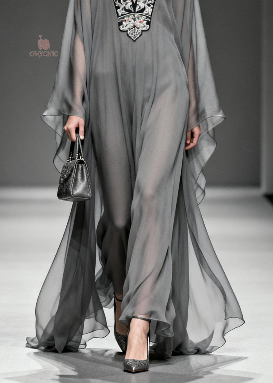 Women Grey V Neck Print Loose Chiffon Long Dress Spring