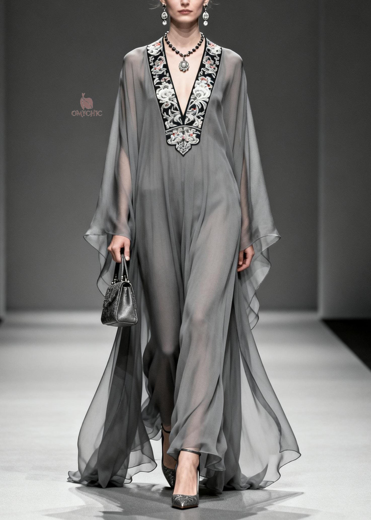 Women Grey V Neck Print Loose Chiffon Long Dress Spring