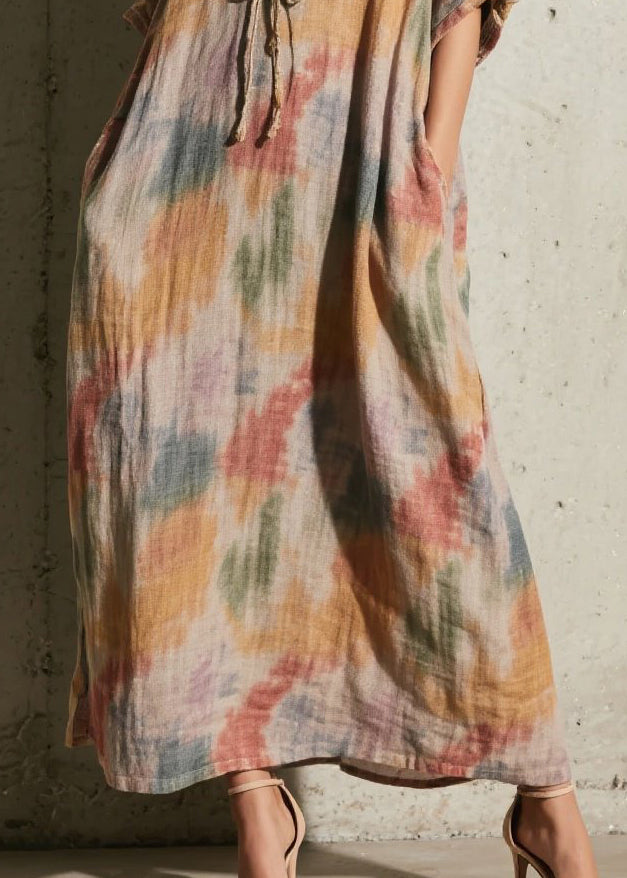 Women Khaki Tie Dye Cross Strap Cotton Long Dress Fall