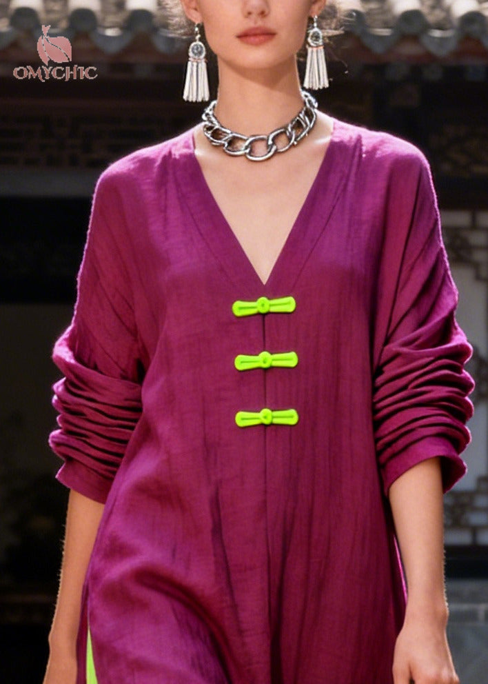 Women Purple Oversized Patchwork Chinese Button Cotton Maxi Dresses