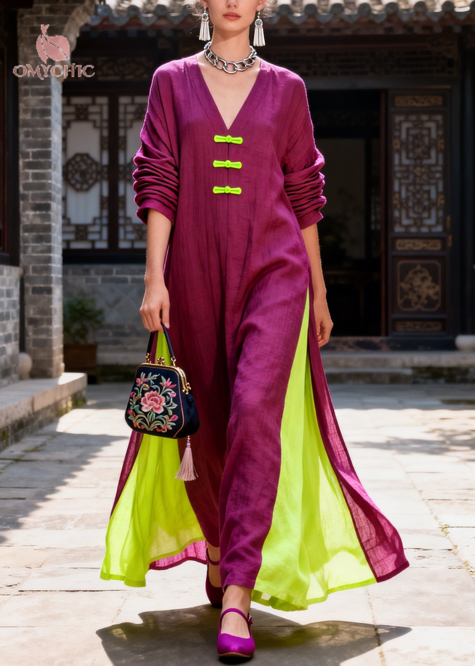 Women Purple Oversized Patchwork Chinese Button Cotton Maxi Dresses