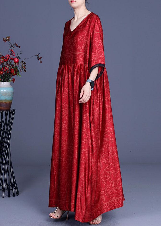 Women Red Print Silk Half Sleeve Summer Dresses