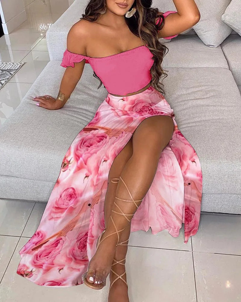 DressBetty - Summer Floral Print Elegant Off Shoulder Split Long Maxi Skirt