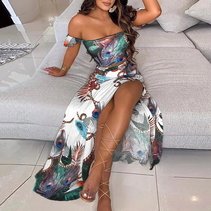 DressBetty - Summer Floral Print Elegant Off-the-Shoulder Split Long Maxi Skirt