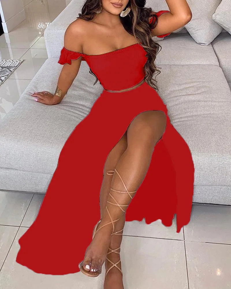 DressBetty - Summer Floral Print Elegant Off Shoulder Split Long Maxi Skirt