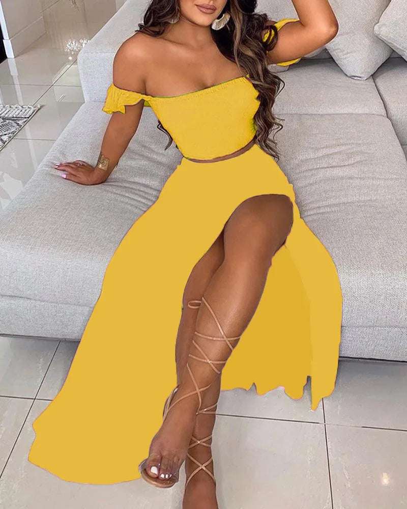 DressBetty - Summer Floral Print Elegant Off Shoulder Split Long Maxi Skirt