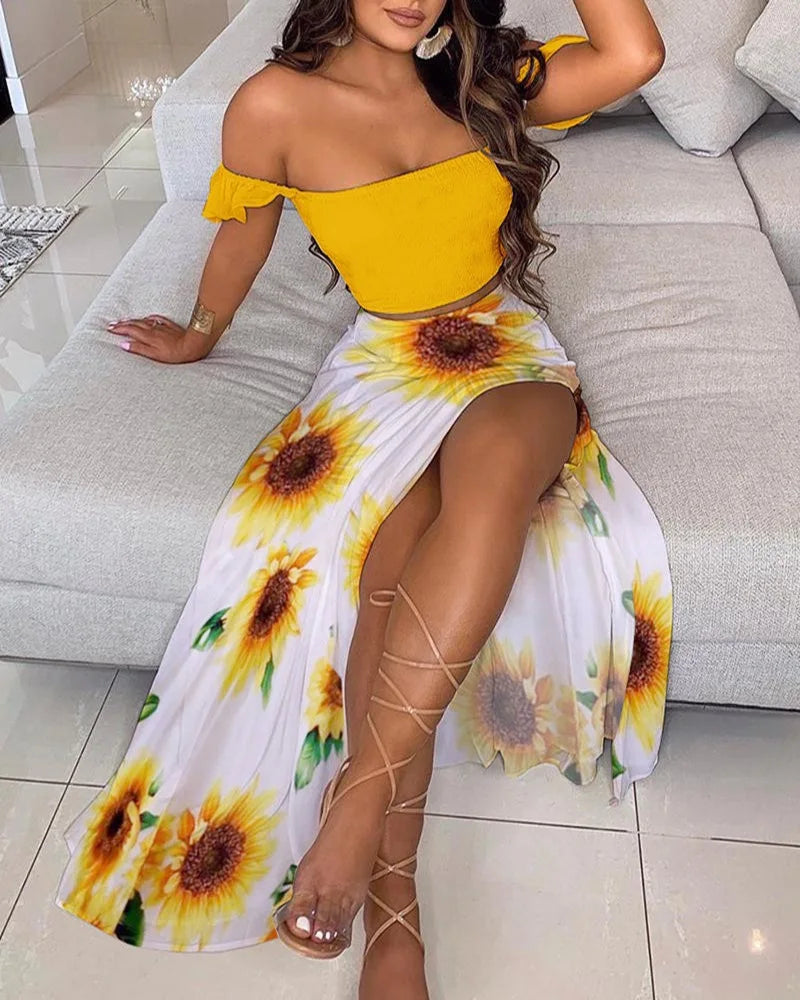 DressBetty - Summer Floral Print Elegant Off Shoulder Split Long Maxi Skirt
