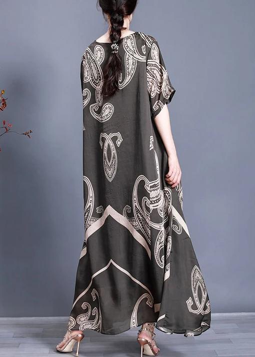 Women Tea Green Print Loose Silk Dress Summer