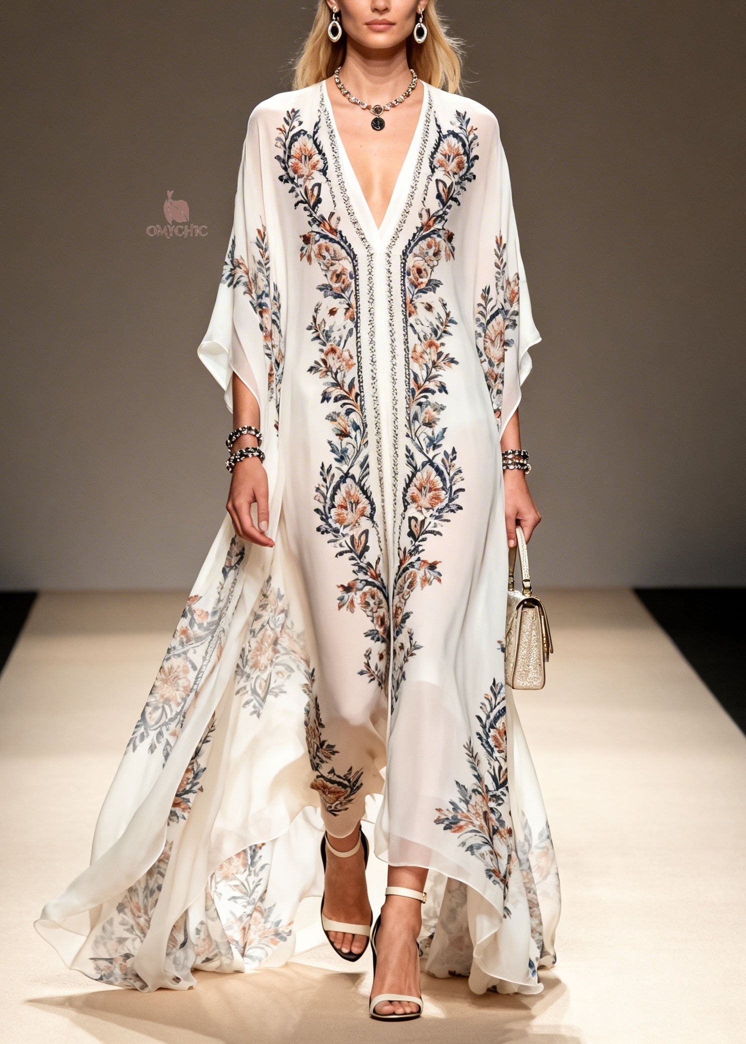Women V Neck Print Plus Size Chiffon Dress Summer
